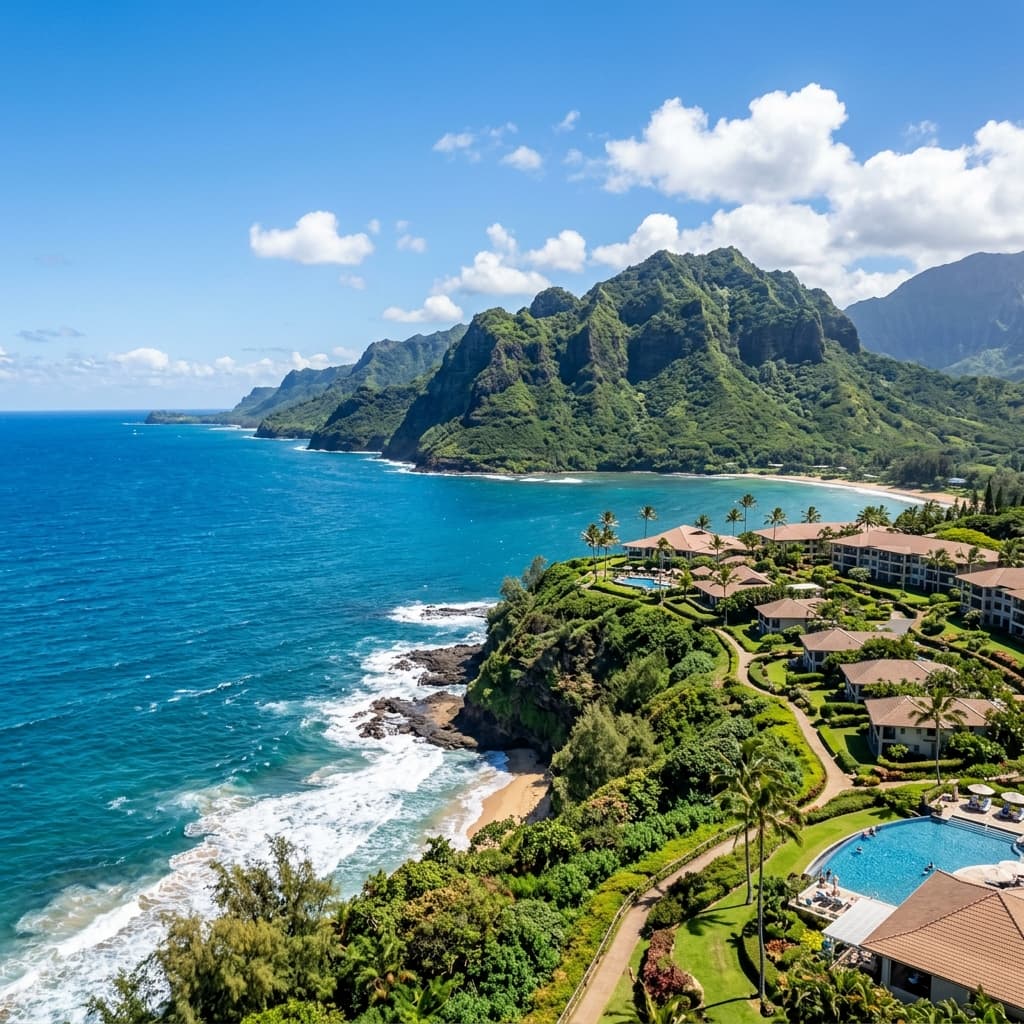 Verdant Kauai mountains and ocean representing Princeville